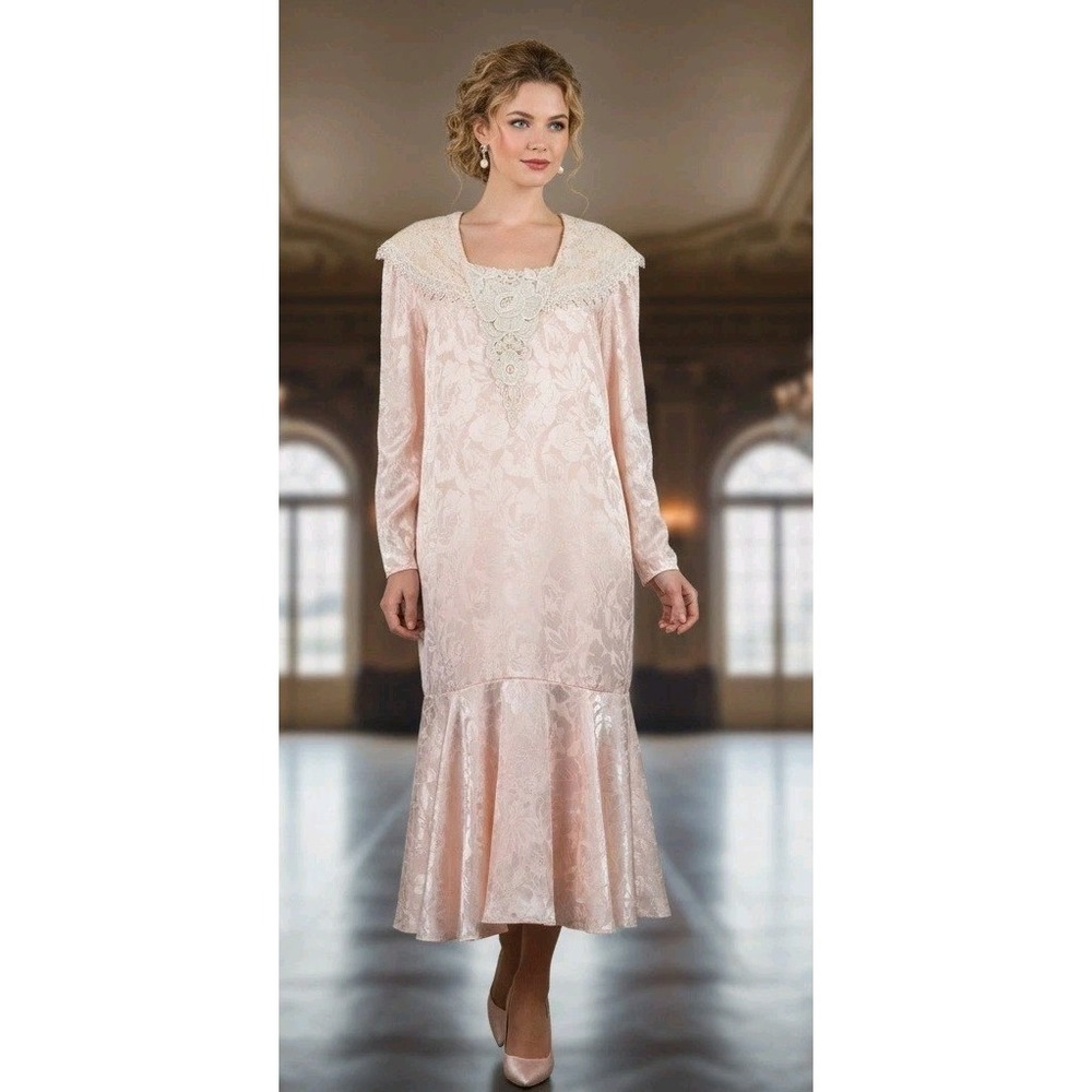 Vtg Ursula of Switzerland Dress Pink Floral Lace Long Slv Grandma Cottage‎ Read